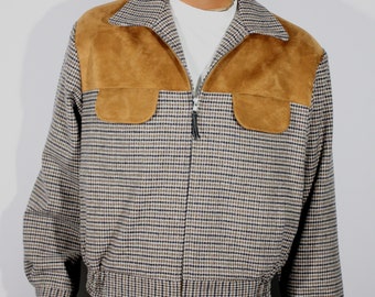 Vintage 1940s / 1950s reproduction houndstooth men's sports jacket with brown faux-suede yokes - Size L / XL