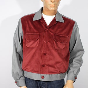 Size M / L - Vintage 1950s repro gray gabardine jacket with dark red faux-suede front