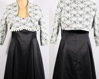 Vintage 1950s reproduction Black Cocktail Dress with Off-White Lace and Matching Bolero jacket - Size M -