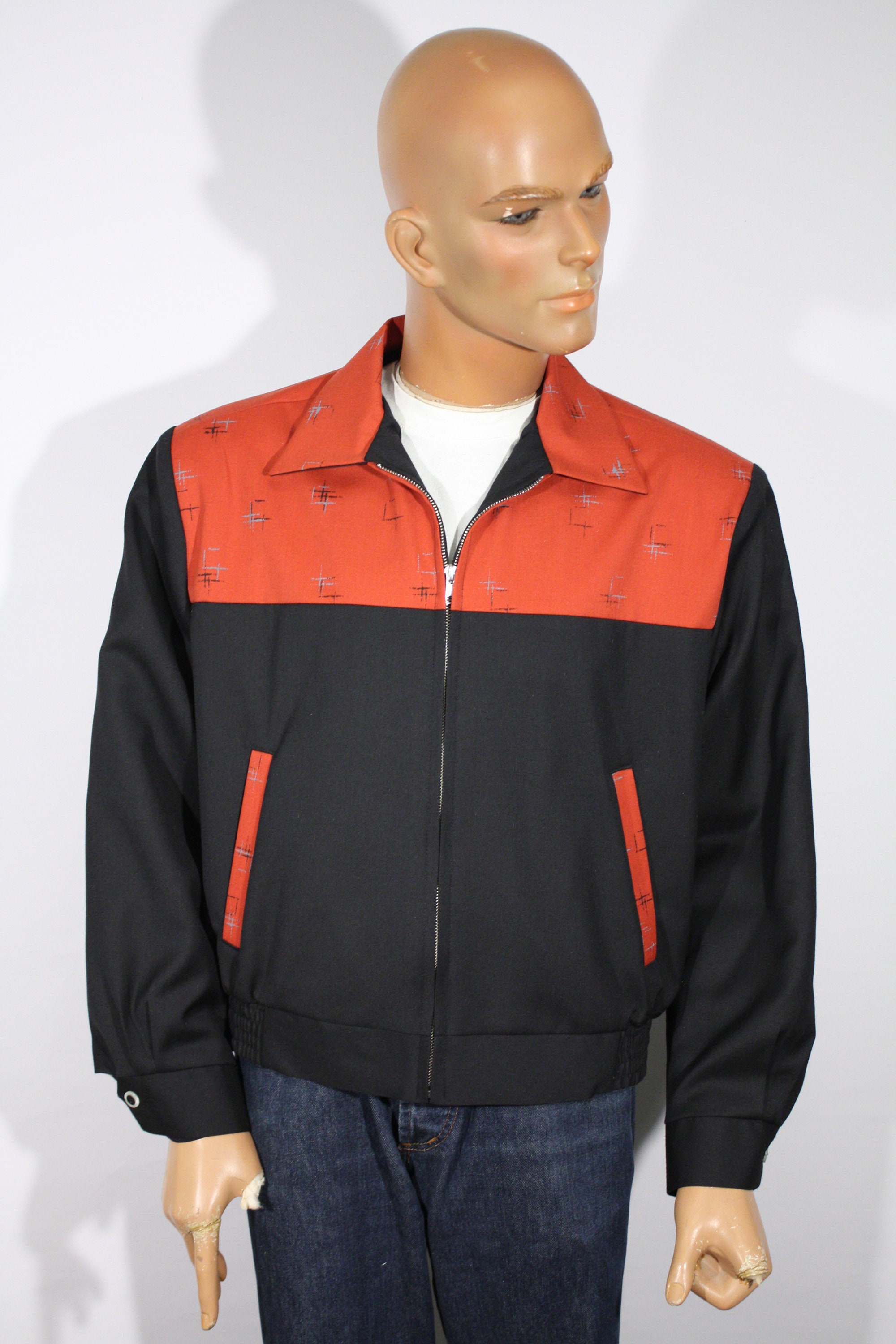 Size M L Vintage 1950s reproduction Two-Tone Abstract BrownRed and Tan Gabardine Jacket