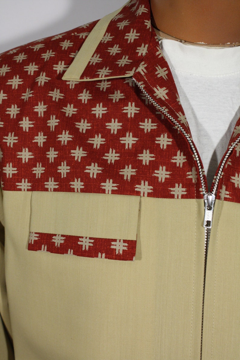Size M L Vintage 1950s reproduction Two-Tone Abstract BrownRed and Tan Gabardine Jacket