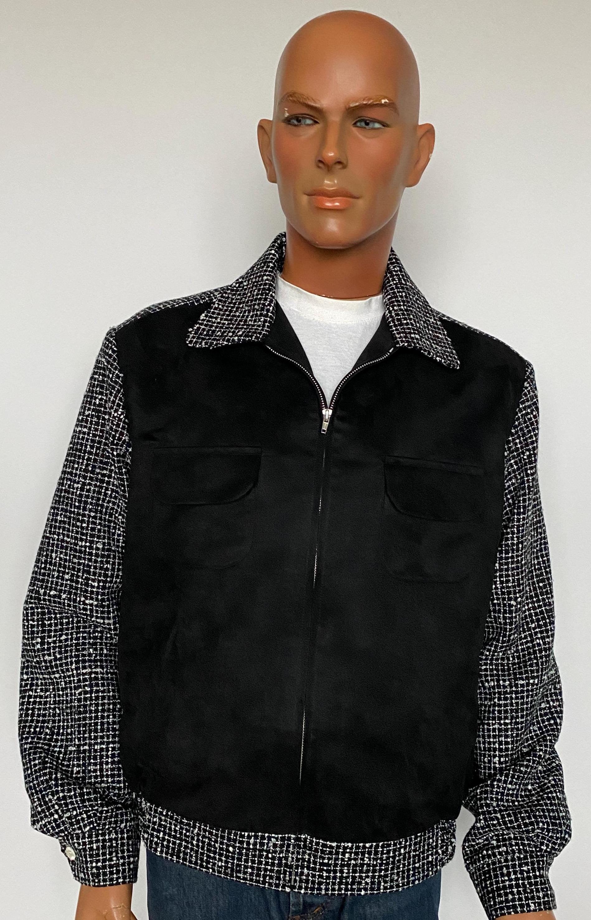 Size L / XL - Vintage 1950s repro black flecked and faux-suede men's sports jacket - Extra long