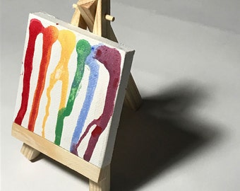 Rainbow drip painting 3"x3" with wood easel