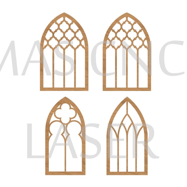 Diseños de ventanas de catedral, Decoración de pared de madera arquitectónica, Windows Bundle Cut, Marco de ventana, Archivo de corte, Descarga instantánea, Ventanas góticas