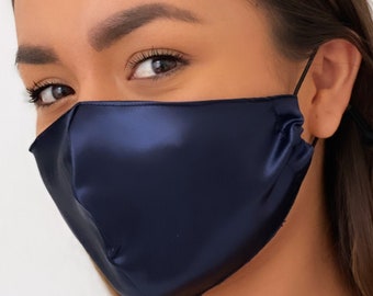 Navy Silk Face Mask And Scrunchie, Silky Satin Double Layered Face Mask, Breathable Reusable Satin Mask With Nose Wire