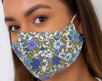 Face Mask with Nose Wire For Glasses, 3 Layer Washable Cotton Face Mask, Blue and Lilac Retro Chic Floral Mask With Adjustable Ear Loops