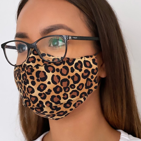 Face Mask For Glasses - Leopard Print Best Anti-Fog Mask - Cotton Reusable Unisex Face Mask With Nose Wire Option