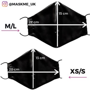 May include: Two black face masks with measurements in centimeters. The larger mask is labeled "M/L" and measures 22 cm wide and 15 cm tall. The smaller mask is labeled "XS/S" and measures 20 cm wide and 13 cm tall.
