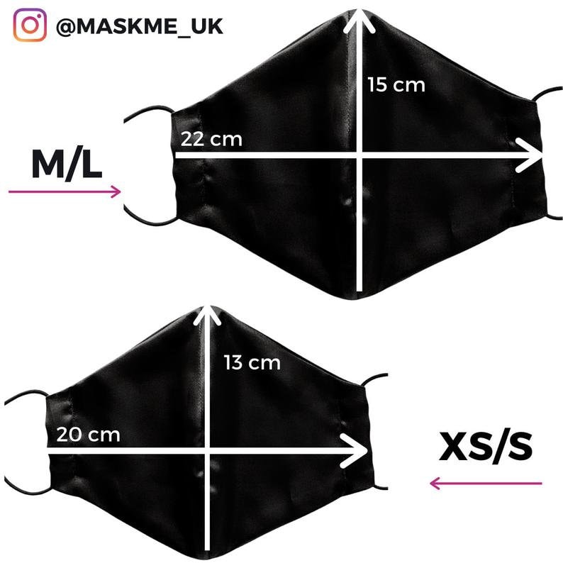 May include: Two black face masks with measurements in centimeters. The larger mask is labeled "M/L" and measures 22 cm wide and 15 cm tall. The smaller mask is labeled "XS/S" and measures 20 cm wide and 13 cm tall.