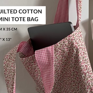 Floral Tote Bag, Quilted Cotton Aesthetic Tote, Cotton Shopping Bag, Cute Pink Handmade Bag UK, Birthday Gifts For Her, Mini Tote, Lunch bag
