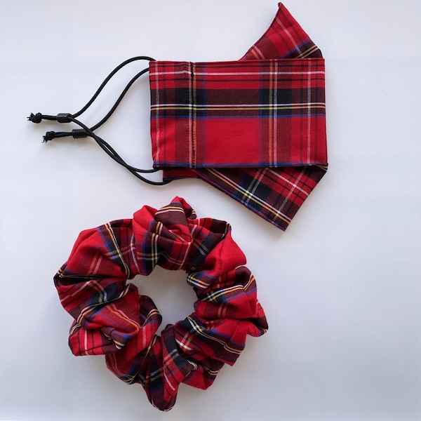 Face Mask With Matching Scrunchie - Royal Stewart Gingham Red Mask - Best mask for glasses wearers - Handmade Mask UK