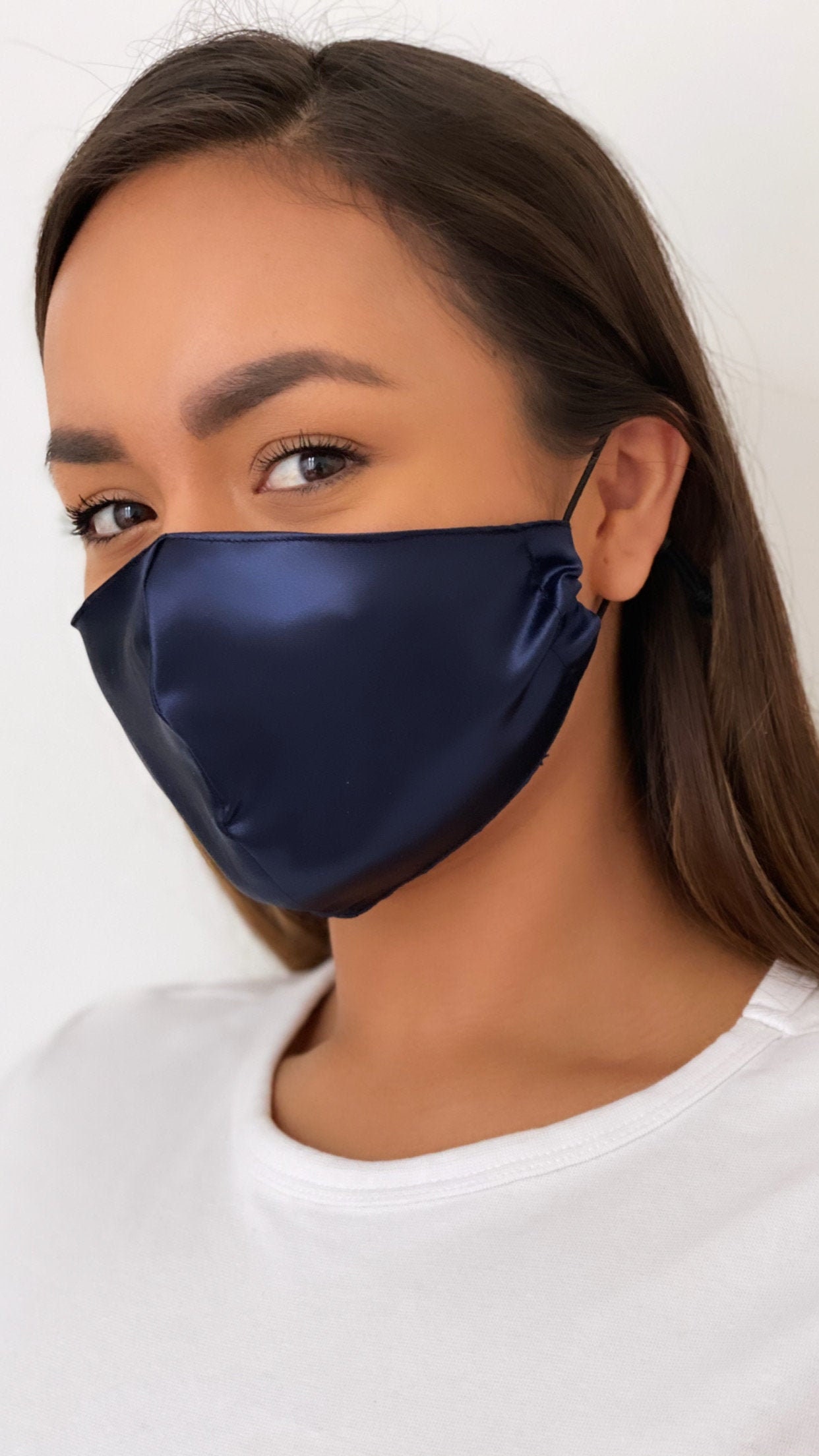 Navy Silk Face Mask And Scrunchie, Silky Satin Double Layered Face Ma…