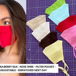 Puede incluir: Surtido de 10 mascarillas faciales en varios colores, hechas de 100% seda de morera. Cada mascarilla tiene un alambre para la nariz, un bolsillo para filtro y lazos ajustables para las orejas.  100% SEDA DE MORERA - ALAMBRE PARA LA NARIZ - BOLSILLO PARA FILTRO - AJUSTABLE - DESPACHADO AL DÍA SIGUIENTE