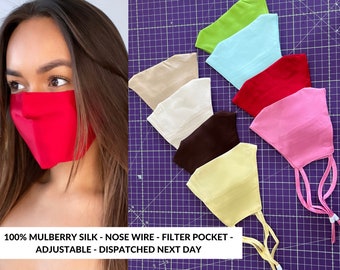 May include: Assortment of 10 face masks in various colors, made from 100% mulberry silk. Each mask features a nose wire, filter pocket, and adjustable ear loops.  100% MULBERRY SILK - NOSE WIRE - FILTER POCKET - ADJUSTABLE - DISPATCHED NEXT DAY