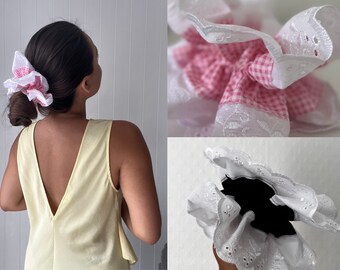 Oversized broderie anglaise scrunchie, french lace frill scrunchies, xxl gingham scrunchie, handmade in London, handmade gifts for her