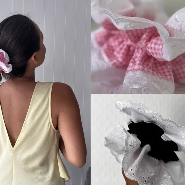 Oversized broderie anglaise scrunchie, french lace frill scrunchies, xxl gingham scrunchie, handmade in London, handmade gifts for her