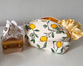 Makeup Bag, Quilted Cotton Aesthetic Pouch, Gifts For Her, Travel Cosmetic Bag, Floral Pouch, Lemon Print Handmade Bag, Birthday Gift Idea