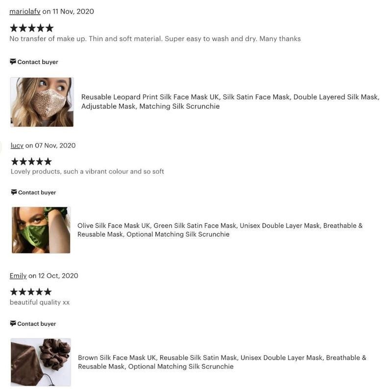 May include: Four customer reviews for silk face masks. The first review is for a leopard print silk face mask with a matching scrunchie. The second review is for a green silk face mask with a matching scrunchie. The third review is for a brown silk face mask with a matching scrunchie. The fourth review is for a brown silk face mask with a matching scrunchie.