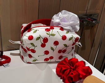 Quilted Makeup Bag, Cherry Print Cotton Cute Cosmetic Bag, Birthday Gift, Travel Bag, Cute Red Handmade Bag UK, Coquette Aesthetic