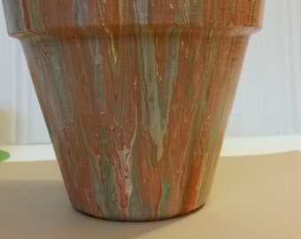 Yellow orange and bronze acrylic pour terracotta planter