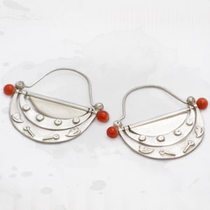 Sterling Silver and Coral Bead Earrings, Handmade, Ethnic Style, Boho, Hoop Earrings, Mexican Earrings