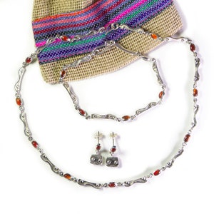Collar, Aretes y Pulsera de Plata y Cornalina, Hecho a Mano, Set de Joyería de Plata, Étnico, Joyería de Plata Mexicana
