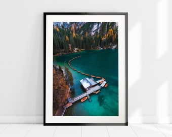 Fine Art Autumn Print, Museum Quality Photographic Paper, Wall Art, Foliage, Mountain Nature Photography, Braies Lake Dolomites, Alpine Lake