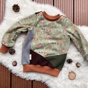 Könnte beinhalten: Ein Kinder-Sweatshirt mit Bauernhof-Muster. Der Hauptteil ist olivgrün mit einem sich wiederholenden Muster aus Scheunen, Bäumen und Tieren. Die Ärmel und der Kragen sind braun, und die Vorderseite hat Farbblöcke in Grau, Dunkelbraun und Grün.
