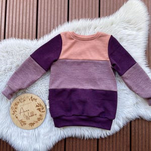 Könnte beinhalten: Ein farbblockierter Sweatshirt in Pfirsich-, Lila- und Lavendeltönen. Das langärmlige Oberteil hat einen Rundhalsausschnitt und einen gerippten Saum. Das Sweatshirt wird auf einem weißen, flauschigen Teppich präsentiert.