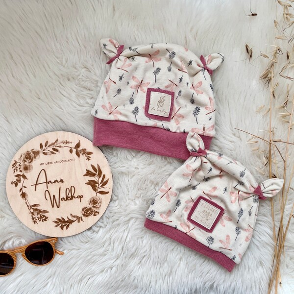 Bonnet en laine et soie de différentes tailles, bonnet en laine pour filles, libellules roses, mi-saison, bonnet de bébé pour l'automne et l'hiver