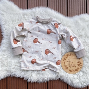 Könnte beinhalten: Ein hellfarbenes Langarmshirt mit einem sich wiederholenden Muster aus braunen Rotkehlchen und kleinen floralen Akzenten. Das Shirt hat einen Rundhalsausschnitt und Bündchen in einem passenden neutralen Ton. Eine Holzplakette mit Text ist sichtbar.