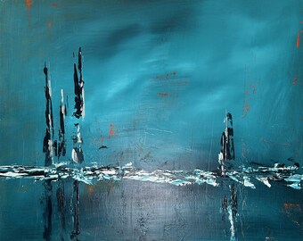 Turquoise Abstract Landscape Painting: Arctic Whale Art on Linen
