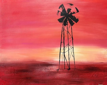 Southwest Windmill Painting: Textured Sky Art