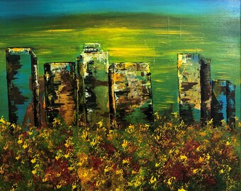 Autumn Cityscape Painting: Acrylic and Ink Collage on Canvas