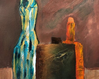 Abstract Bottles Still Life: Collage & Acrylic Painting on Paper