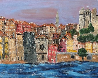 Porto, Portugal Painting: Textured Acrylic Coastal Cityscape (14x18)
