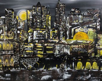 Jerusalem Cityscape Painting: Black, White & Yellow Acrylic Ink Collage
