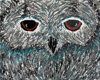 Who Gives a Hoot? An abstract owl painting in black, white and turquoise acrylics with texture.
