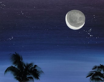 Palm Trees Under Moon Acrylic Painting: Framed Night Sky Art