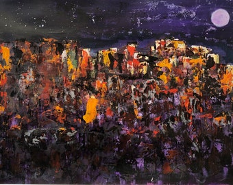 Painted Desert Watercolor: Full Moon Landscape Art (18x24)