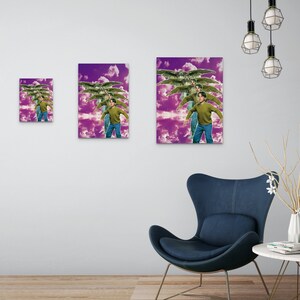 May include: Three framed prints with a purple background and a collage of images of people and birds. The images are in different sizes and are arranged in a grid pattern.