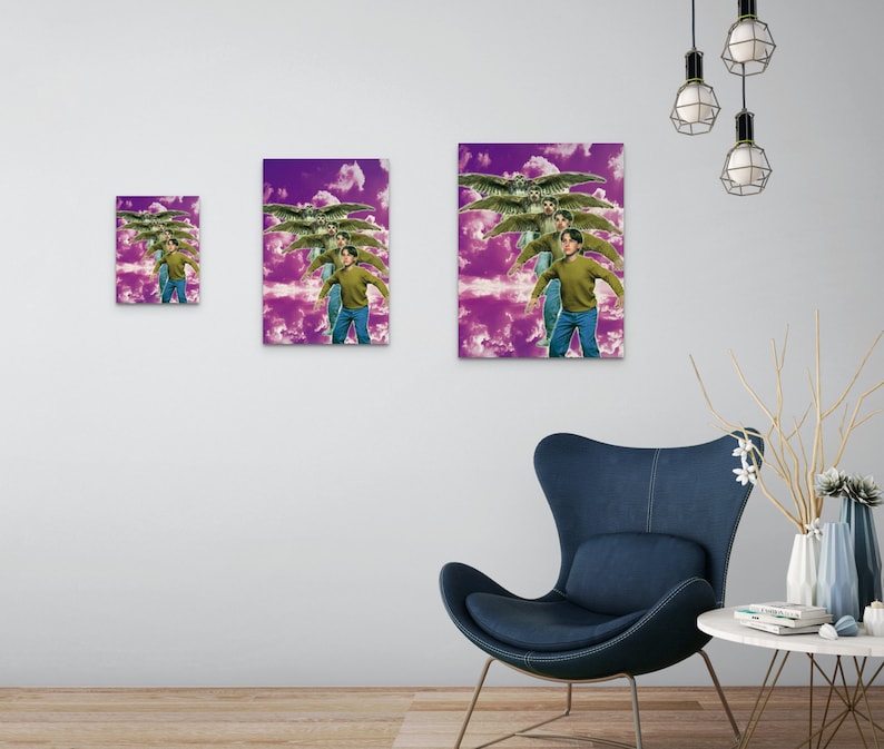 May include: Three framed prints with a purple background and a collage of images of people and birds. The images are in different sizes and are arranged in a grid pattern.