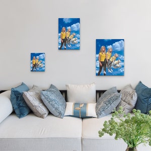 May include: Three framed prints of a woman in a yellow shirt and blue jeans riding a white dog in a blue sky with clouds.