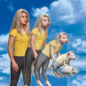 May include: A series of four images showing a woman transforming into a rat. The first image shows a woman in a yellow shirt and black pants. The second image shows the woman with a rat's head and a yellow shirt and gray pants. The third image shows a rat with a yellow shirt and blue pants. The fourth image shows a white rat.