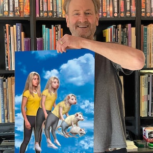 May include: A poster with a blue sky and white clouds. Four figures are shown in the poster, starting with a human female, then a female with rat-like features, then a rat-like creature, and finally a rat. The poster is signed "Dennis Vincent 2022".