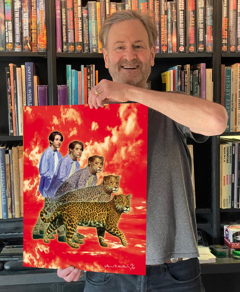 May include: A red and white poster with a collage of images. The poster features a man and a woman in the background, and three jaguars in the foreground. The jaguars are walking on a red and white cloudy sky. The poster is signed "Denis M. Watkins" in the bottom right corner.