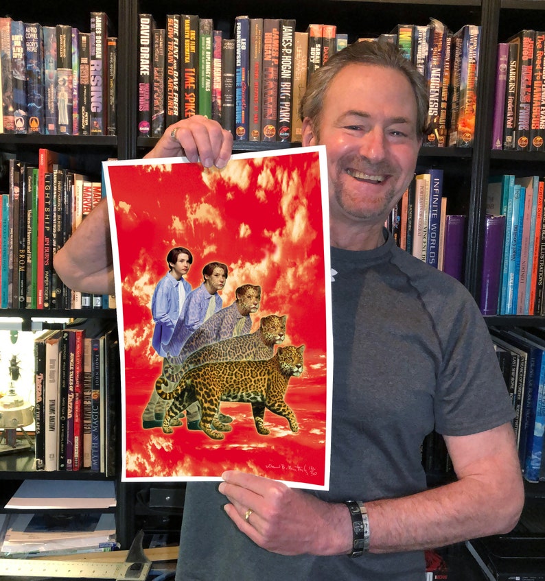 May include: A red and white print with a collage of three men and three jaguars. The men are wearing blue shirts and the jaguars are walking on a red background with white clouds.