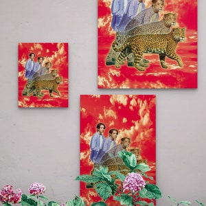 May include: Three different sized prints of a collage featuring a group of people wearing blue shirts and a series of jaguars in a red and white cloudy sky.