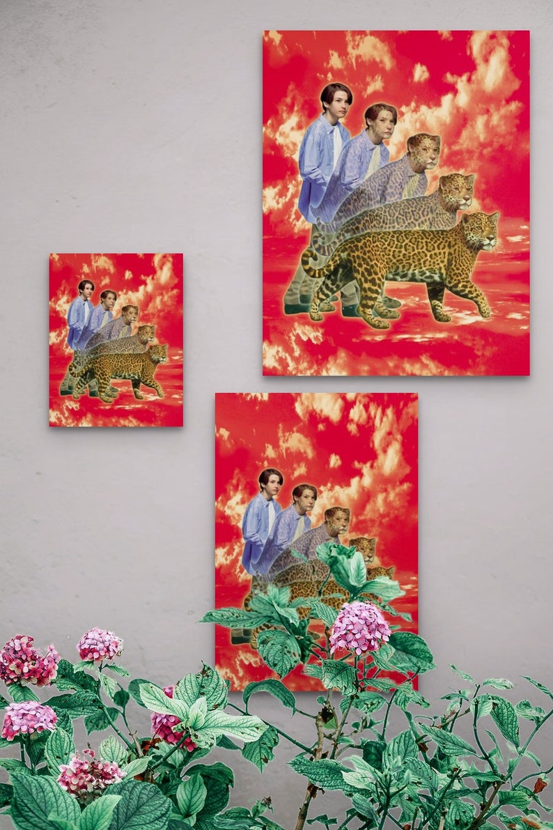 May include: Three different sized prints of a collage featuring a group of people wearing blue shirts and a series of jaguars in a red and white cloudy sky.
