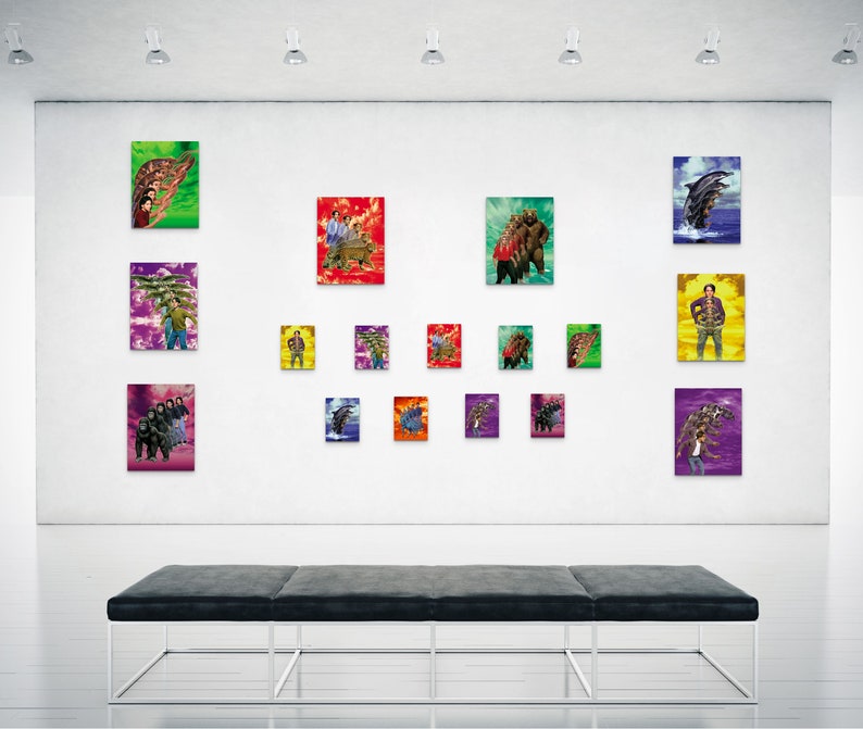 May include: A gallery wall display of 15 framed art prints featuring various colorful and abstract designs. The prints are arranged in a grid pattern on a white wall. A black bench sits in front of the wall.